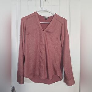 Express Dusty Rose V-Neck Blouse XS | Mauve Long Sleeve Work Top